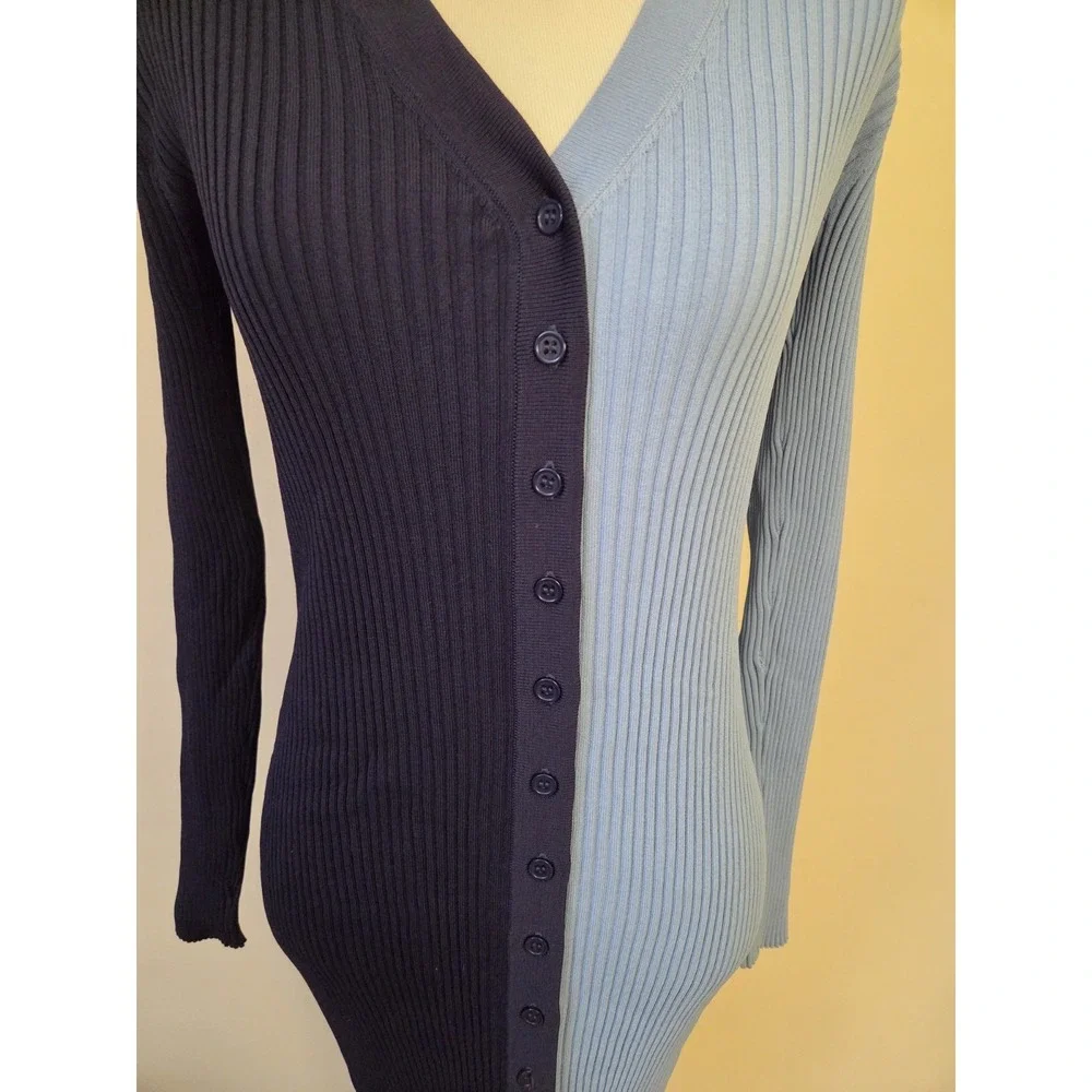STAUD Shoko Navy Lt Blue Colorblock Ribbed Knit Buttondown Midi Sweater Dress S - Picture 7 of 12